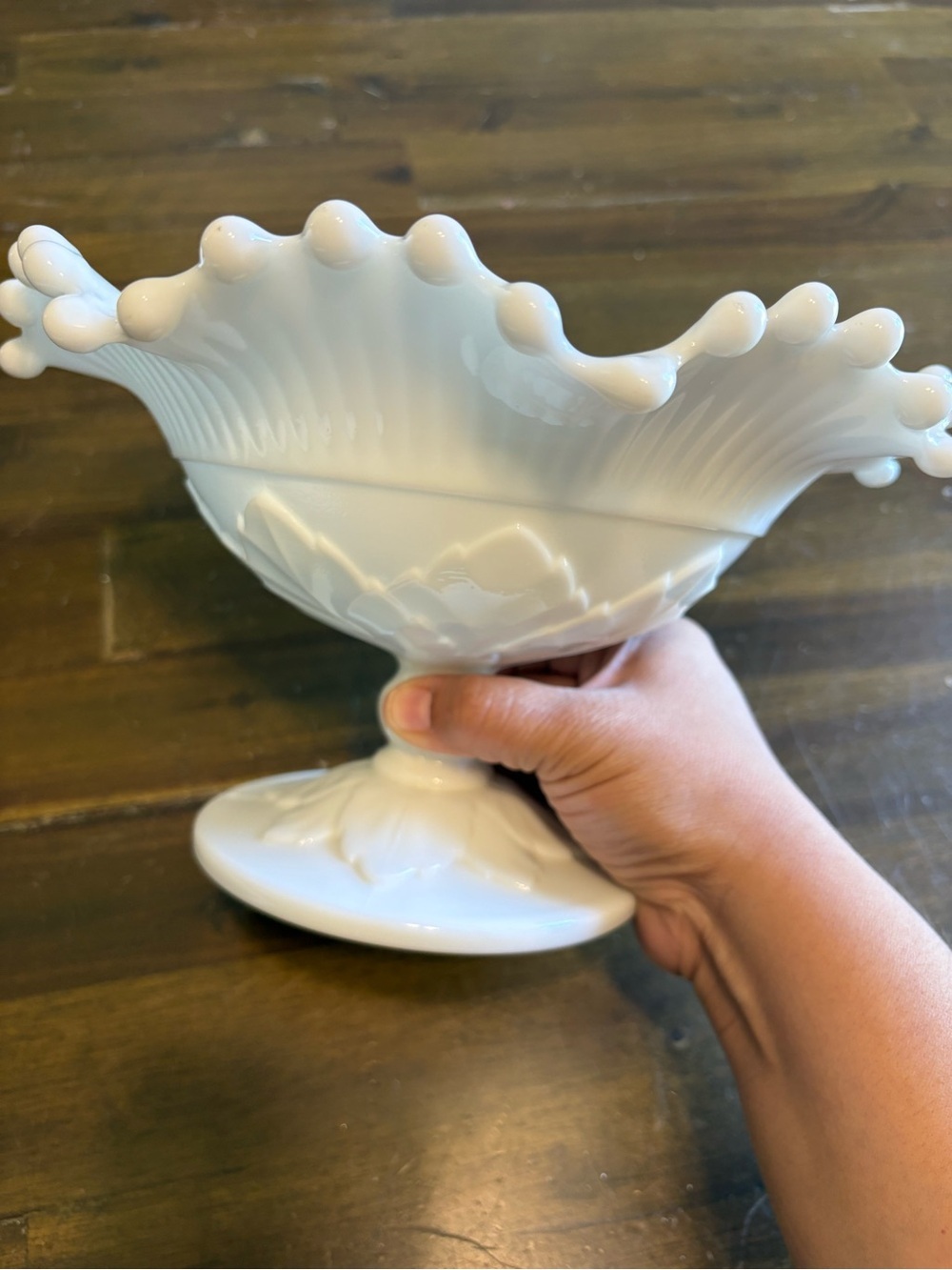 Imperial Satin Milk Glass Horn Epergne Leaves Design Pedestal Stand Vintage